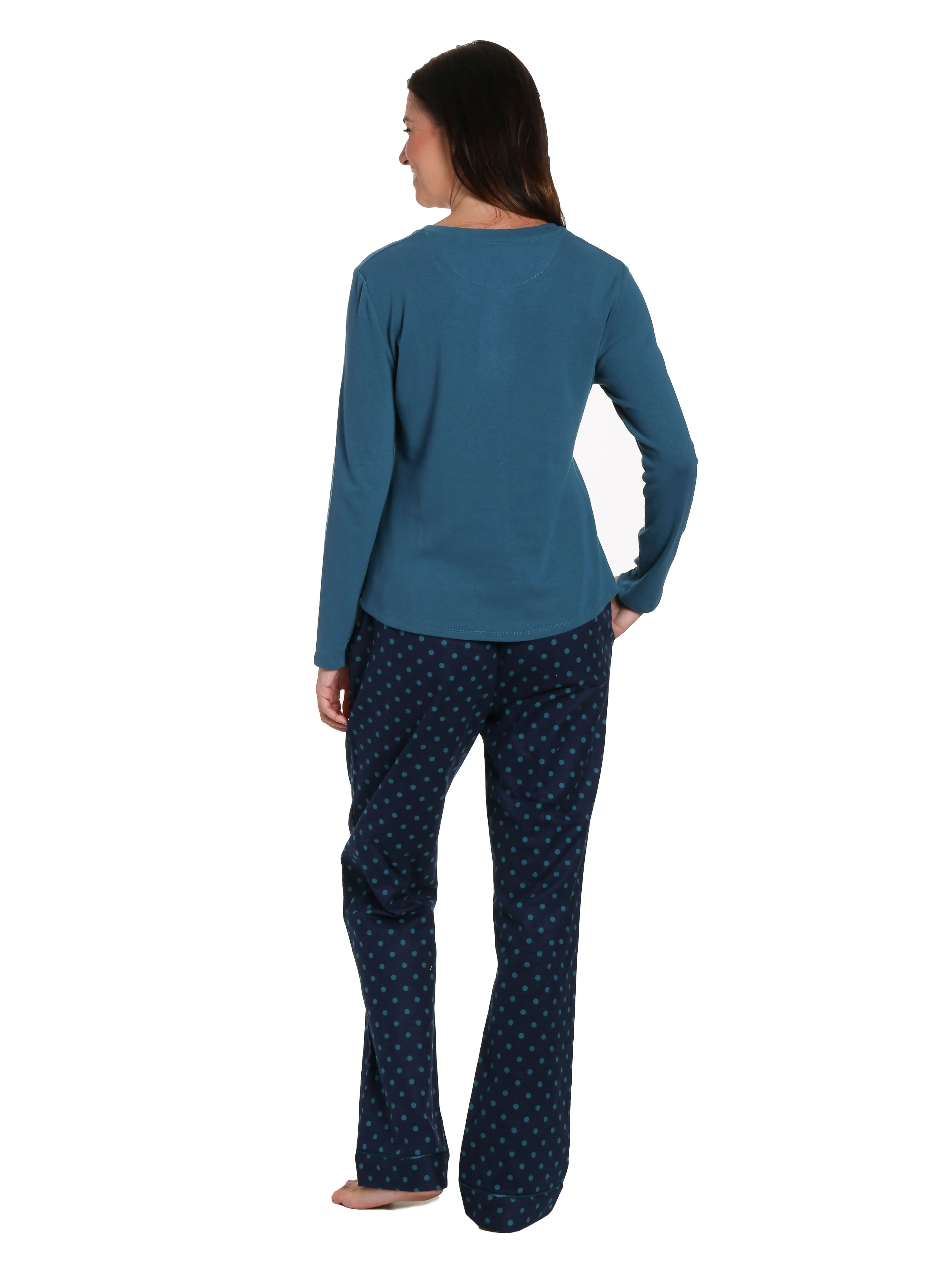 Womens Premium Cotton Flannel Loungewear Set - Dots Diva Blue