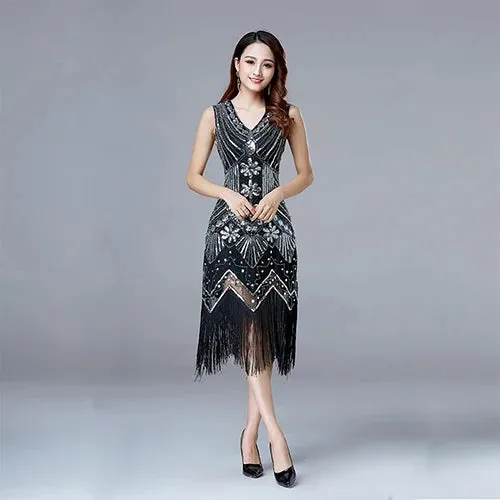 Women's Vintage Flapper V-Neck Sleeveless Sequin Beaded Dress