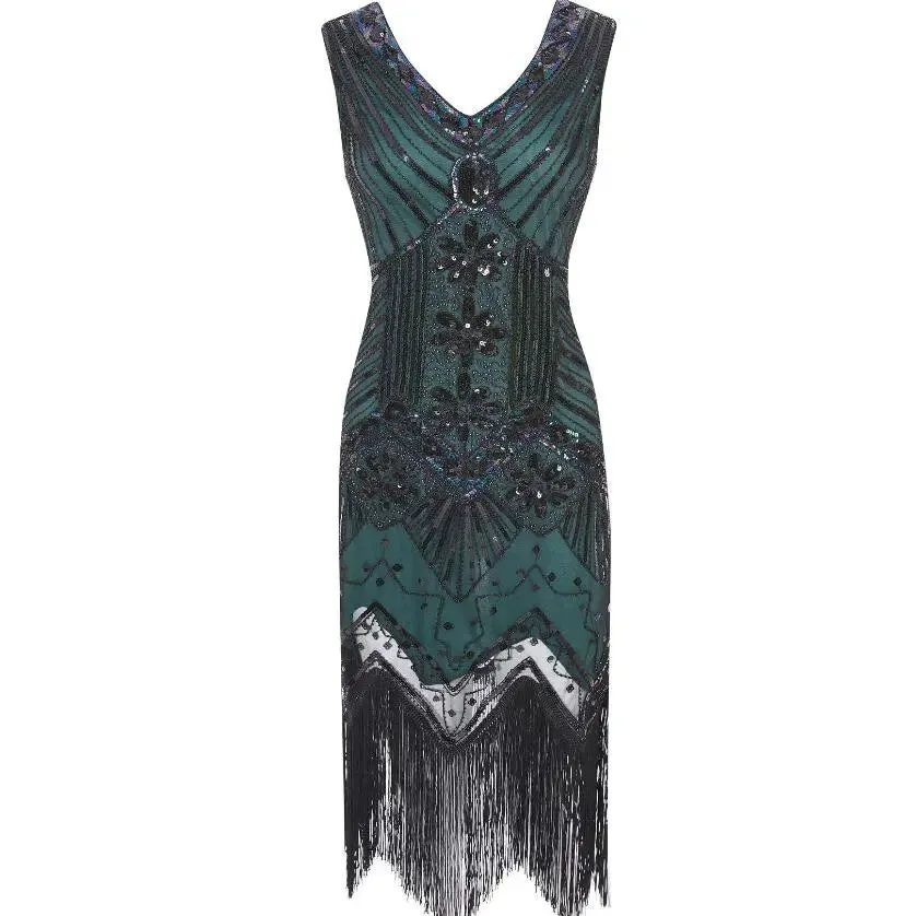 Women's Vintage Flapper V-Neck Sleeveless Sequin Beaded Dress