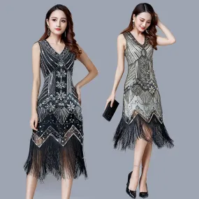 Women's Vintage Flapper V-Neck Sleeveless Sequin Beaded Dress